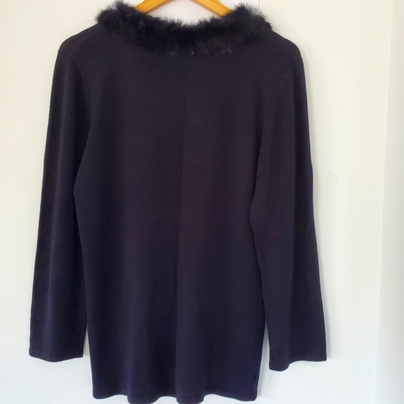 DRESS BARN Sz XL Black Rayon Knit Sweater Black Faux Fur Collar Mobwife Dressy - Picture 12 of 14